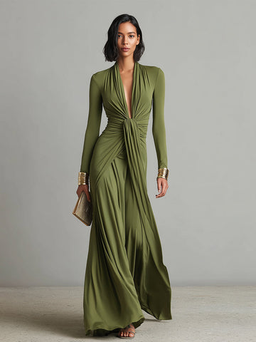 Olive Silk Maxi Dress with V-Neck