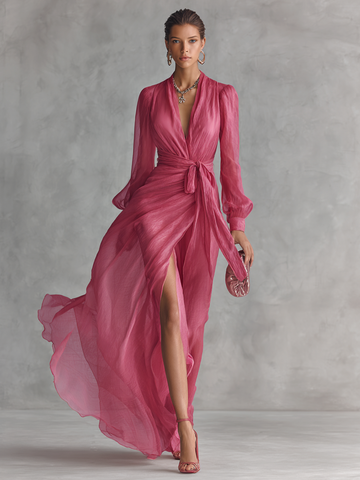 Rose Elegant V-Neck Chiffon Dress