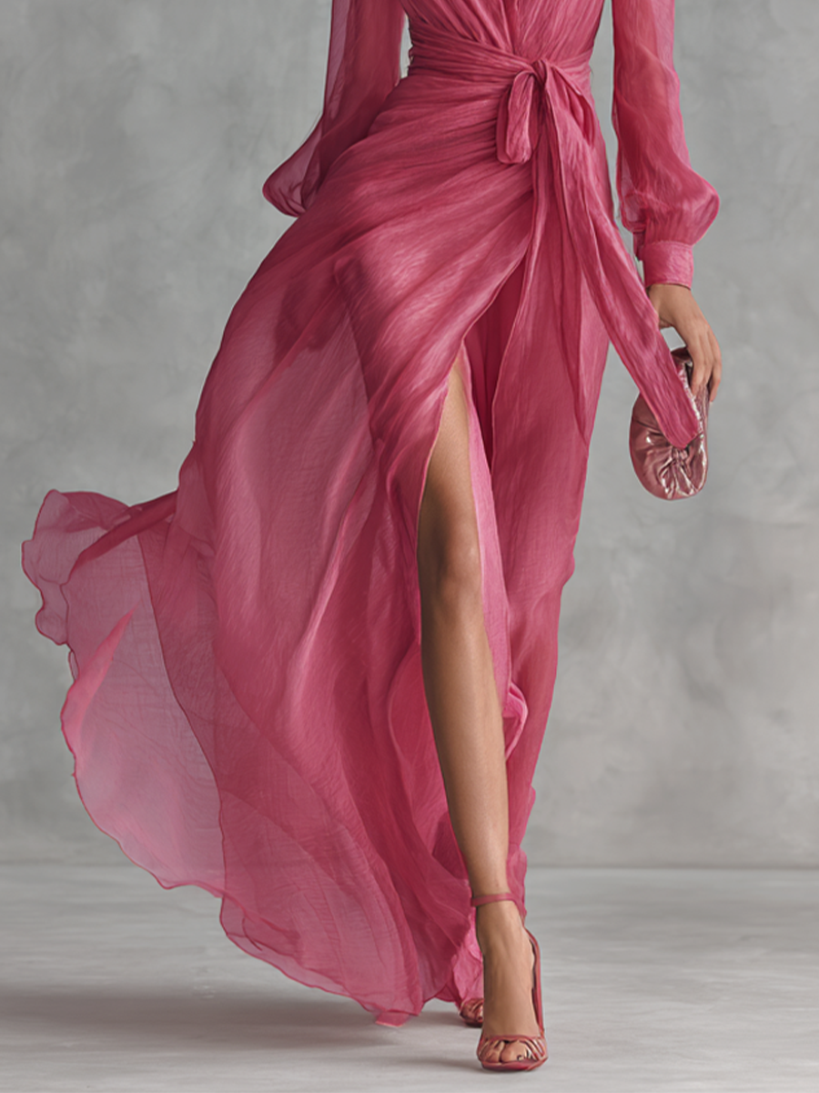 Rose Elegant V-Neck Chiffon Dress