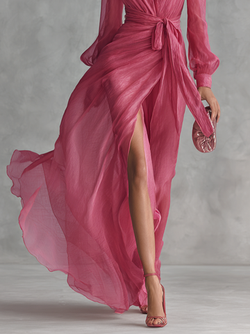 Rose Elegant V-Neck Chiffon Dress