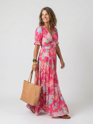 Marguerite | Short Sleeve V-Neck Gathered Waist Floral Midi Dress