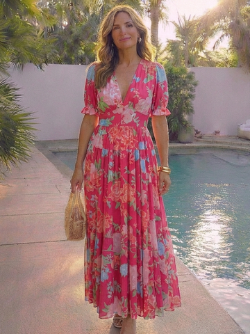 Marguerite | Short Sleeve V-Neck Gathered Waist Floral Midi Dress