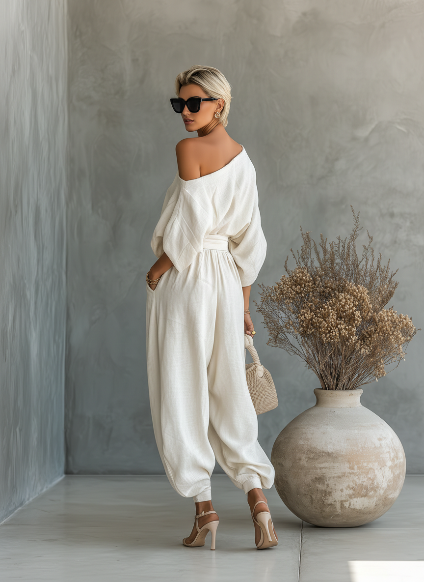 Cotton Linen Off-Shoulder Trouser Set