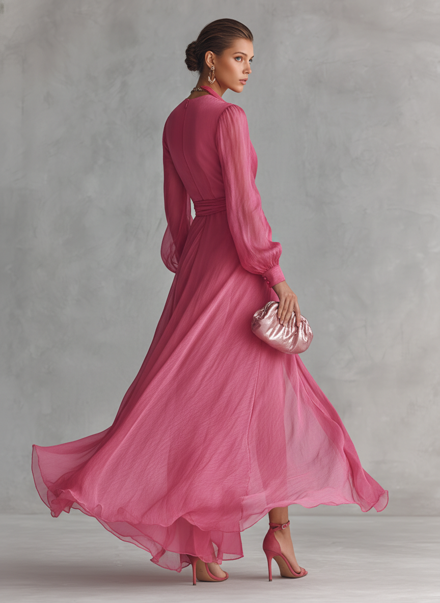 Rose Elegant V-Neck Chiffon Dress