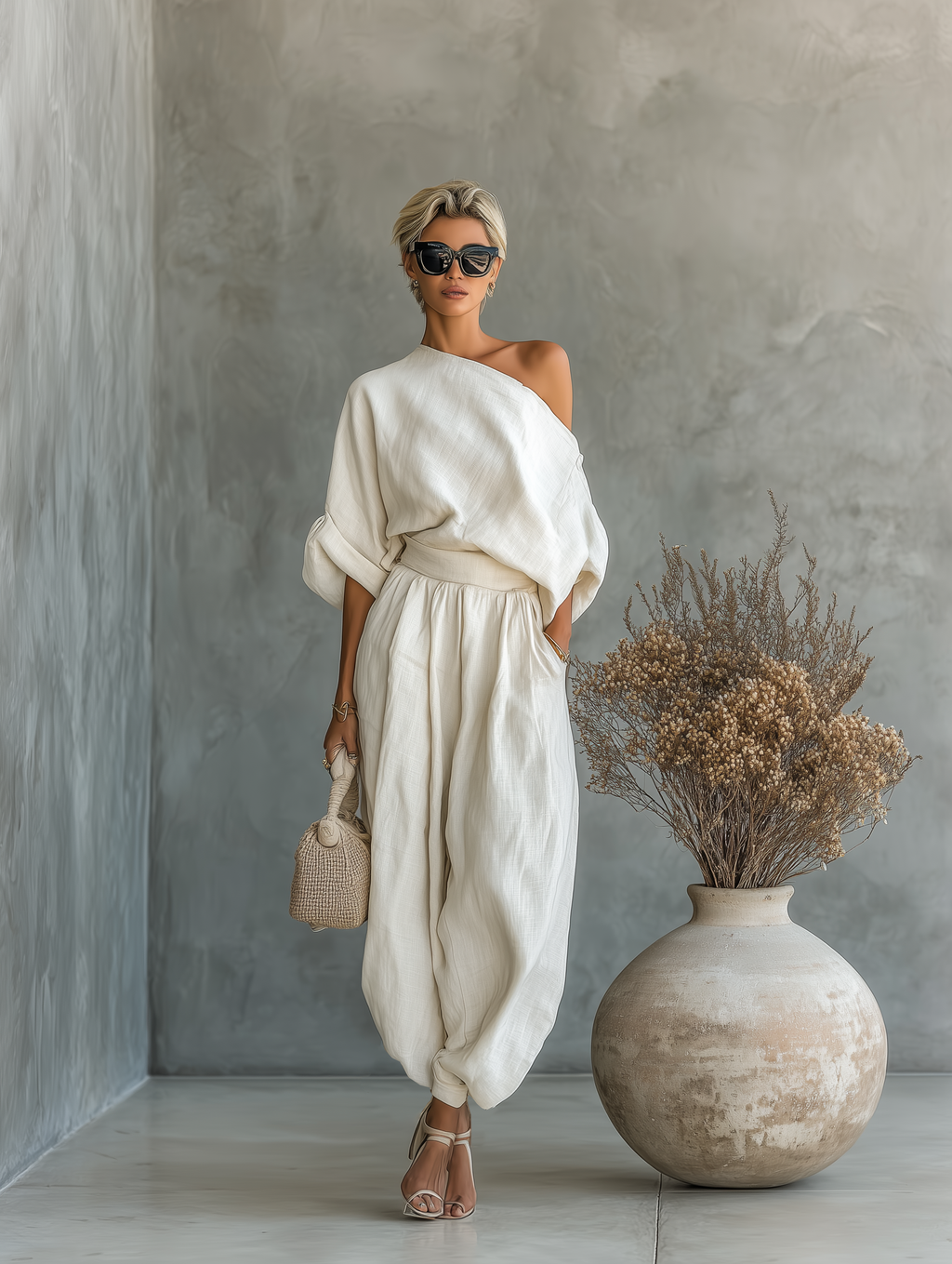 Cotton Linen Off-Shoulder Trouser Set