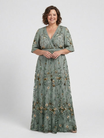 Isolde | Floral V-Neck Elbow-Length Sleeve Maxi Dress