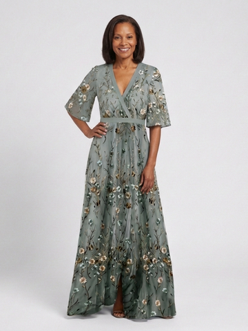 Isolde | Floral V-Neck Elbow-Length Sleeve Maxi Dress