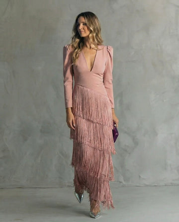Clara | Robe midi élégante avec manches à franges